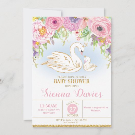 Swan Floral Baby Dusche Einladung Mädchen (Vorderseite)