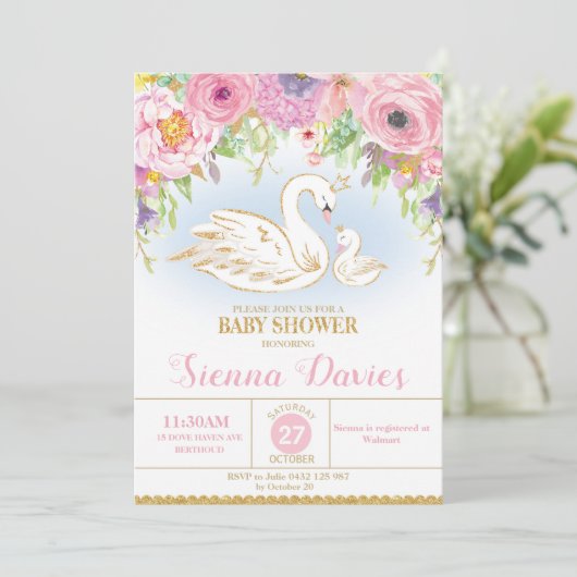 Swan Floral Baby Dusche Einladung Mädchen (Stehend Vorderseite)