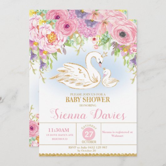 Swan Floral Baby Dusche Einladung Mädchen (Vorne/Hinten)