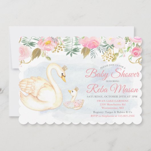 Swan Floral Baby Shower Einladung (Vorderseite)