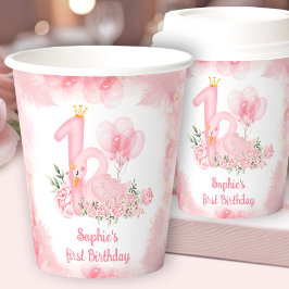 Swan Floral Feather Pink White Girl 1. Geburtstag Pappbecher