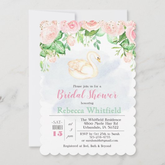 Swan Floral Glitzer Bridal Dusche Einladung (Vorderseite)