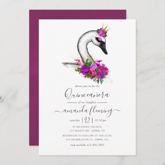 Swan Floral Quinceanera Einladung (Vorne/Hinten)