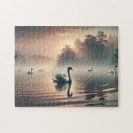 Swan Foggy Lake Sunrise Tranquil Nature Puzzle