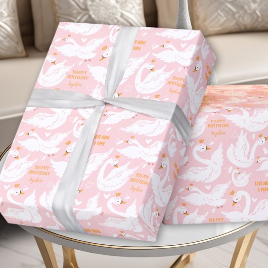 Swan Girl Birthday Name Pink Wrapping Paper Geschenkpapier
