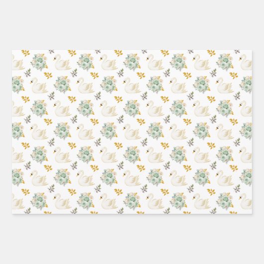 Swan Green, Pink, Lila und Gold Floral Rose Geschenkpapier Set (Vorderseite)