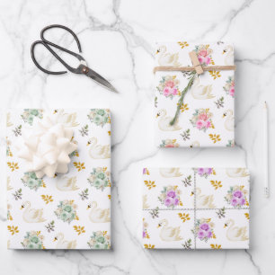 Swan Green, Pink, Lila und Gold Floral Rose Geschenkpapier Set