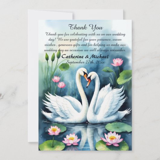 Swan in Liebe Wasserfarbe Lotus Teich Hochzeit Dankeskarte (Vorderseite)
