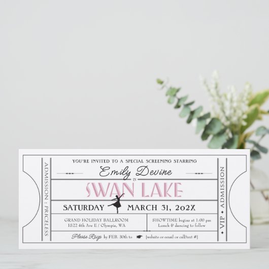 Swan Lake Birthday Party Ticket Einladung (Stehend Vorderseite)