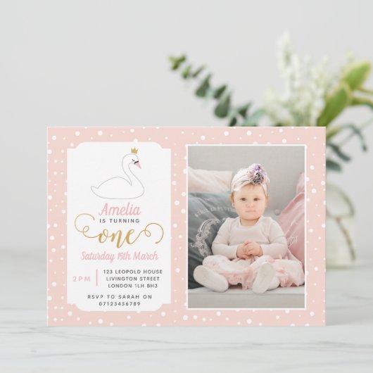 Swan Lake Girls 1. Geburtstag Einladung (Stehend Vorderseite)