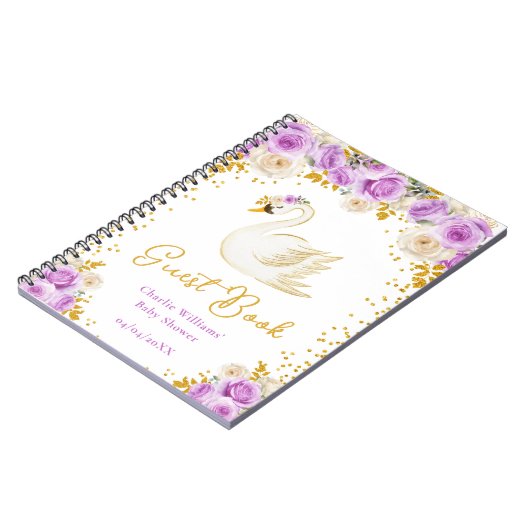 Swan Lila Gold Rose Baby Shower Gästebuch Notizblock (Linke Seite)