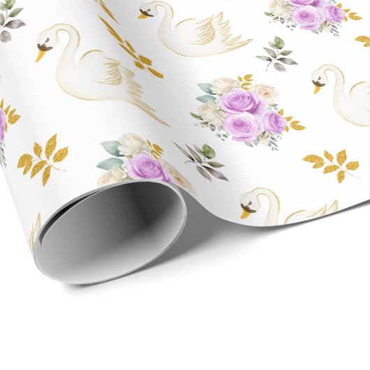 Swan Lila und Gold Floral Rose Geschenkpapier (Rolleneckpunkt)
