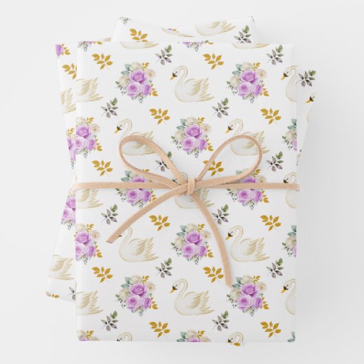 Swan Lila und Gold Floral Rose Geschenkpapier Set (Beispiel)
