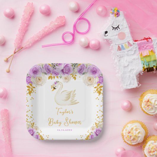 Swan Lila und Gold Rose Kinderdusche Pappteller (Party)
