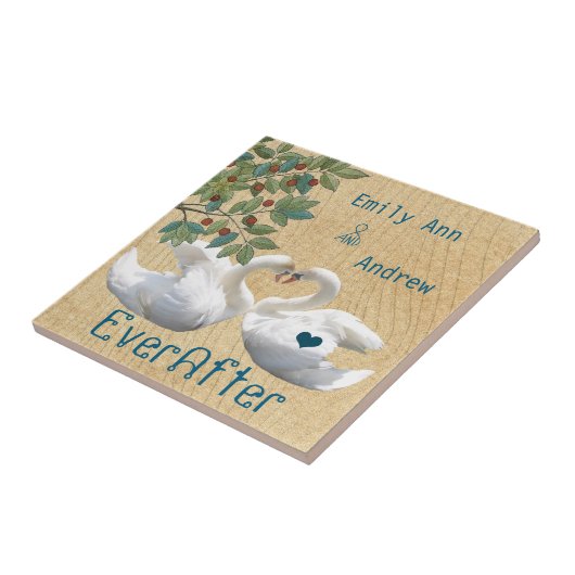 Swan Love Birds Wood Grain Ever After Anniversary Fliese (Seite)