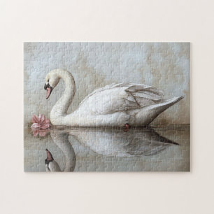Swan mit einem Blume-Gemälde in Rosa Puzzle