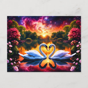 Swan Paar Valentinherz unter einem Sternnebel Postkarte