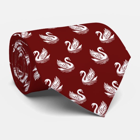 Swan Pattern 02 - Weiß auf Dunkelrot Krawatte (Gerollt)