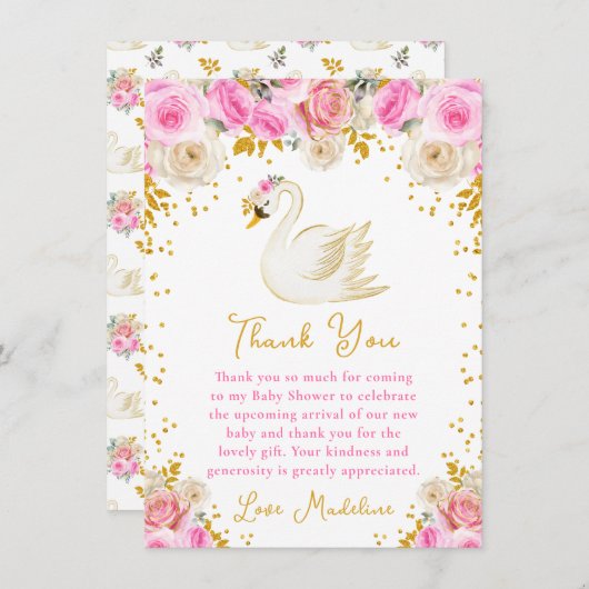 Swan Pink and Gold Rose Kinderdusche Dankeskarte (Vorne/Hinten)