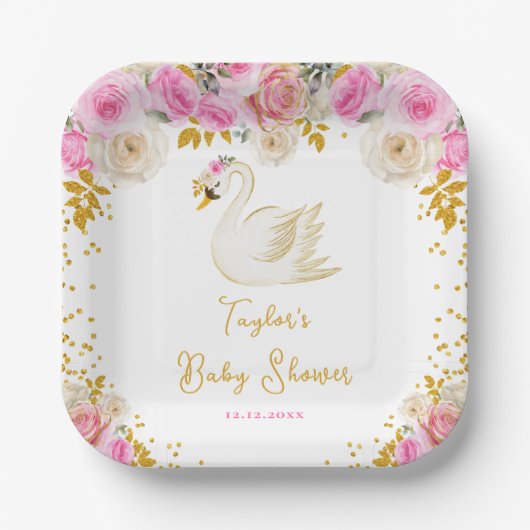Swan Pink and Gold Rose Kinderdusche Pappteller (Vorderseite)