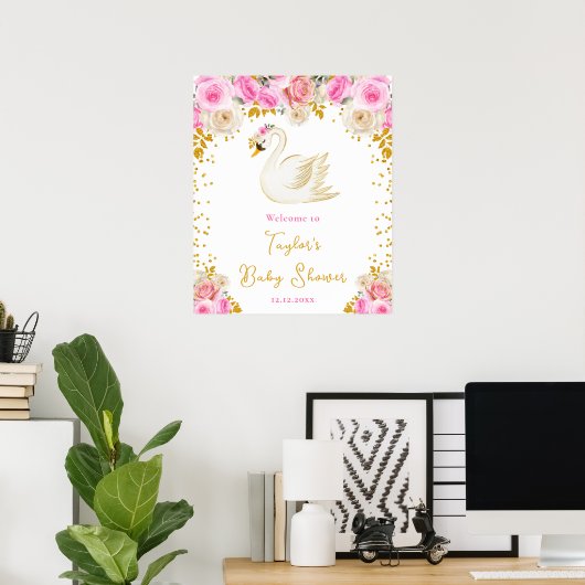 Swan Pink and Gold Rose Kinderdusche Willkommen Poster (Heimbüro)