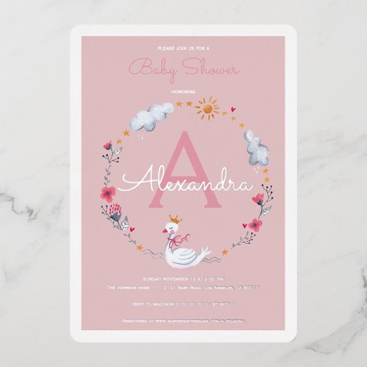 Swan Pink Baby Dusche Einladung (Vorderseite)