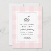 Swan Pink Gingham Birthday Einladung (Vorderseite)