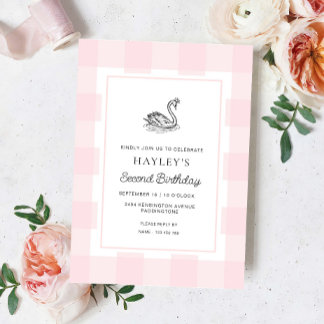 Swan Pink Gingham Birthday Einladung