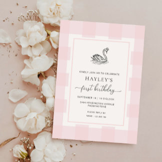 Swan Pink Gingham First Birthday Einladung