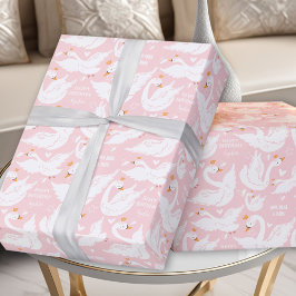 Swan Pink Girl Birthday Name Wrapping Paper Geschenkpapier