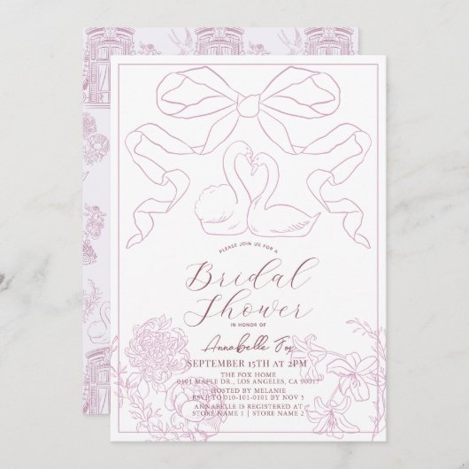 Swan Pink Toile de Jouy Brautparty Einladung (Vorne/Hinten)