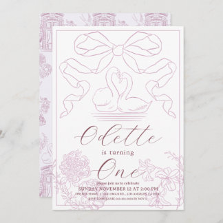 Swan Pink Toile de Jouy Girl 1. Geburtstag Einladung