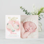 Swan Pond Gold Baby Girl Pink Geburtsankündigung Ankündigung (Stehend Vorderseite)