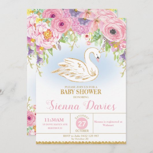Swan Princess Baby Shower Einladung Bloral Girl (Vorne/Hinten)