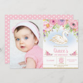 Swan Princess Birthday Floral Girl Foto Einladung (Vorne/Hinten)