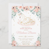 Swan Princess Blush Pink Floral Gold Baby Dusche Einladung (Vorderseite)