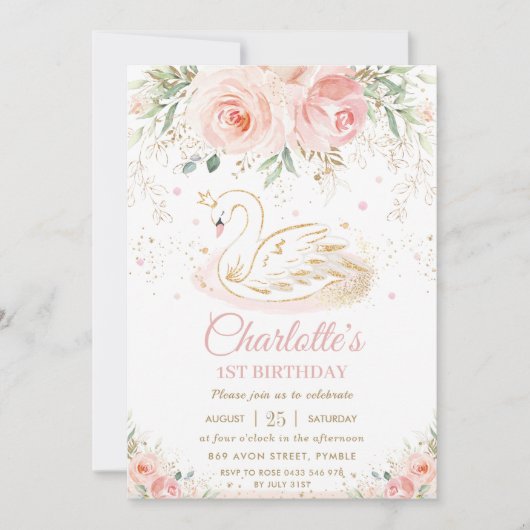 Swan Princess Blush Pink Floral Gold Girl Geburtst Einladung (Vorderseite)