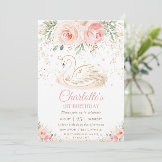 Swan Princess Blush Pink Floral Gold Girl Geburtst Einladung (Stehend Vorderseite)