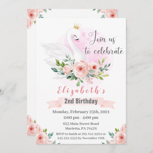 Swan Princess Geburtstagsparty Einladung (Vorne/Hinten)