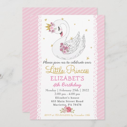 Swan Princess Geburtstagsparty Einladung (Vorne/Hinten)