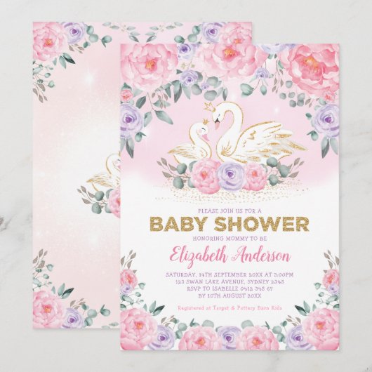 Swan Princess Lavender Pink Peonies Baby Dusche Einladung (Vorne/Hinten)