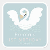 Swan Princess Modern Blue Girl Birthday Quadratischer Aufkleber (Vorderseite)