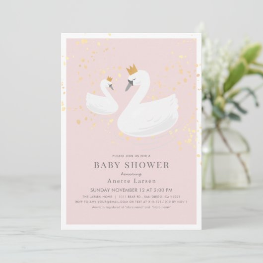 Swan Princess Pink Baby Dusche Einladung (Stehend Vorderseite)