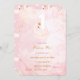 Swan Princess Pink & Gold Wasserfarbe 1. Geburtsta Einladung