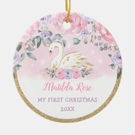 Swan Princess Pink Lila Baby Erstes Weihnachtsfest Keramik Ornament (Vorne)