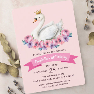 Swan Princess Pink Watercolor Girl 1. Geburtstag Einladung