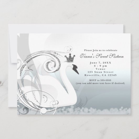 Swan Princess Silver & White Elegante Einladung (Vorderseite)
