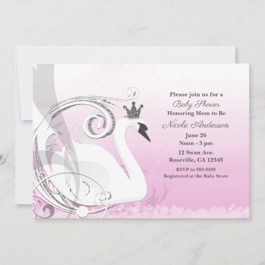 Swan Princess Silver White Pink Baby Dusche Einladung (Vorderseite)