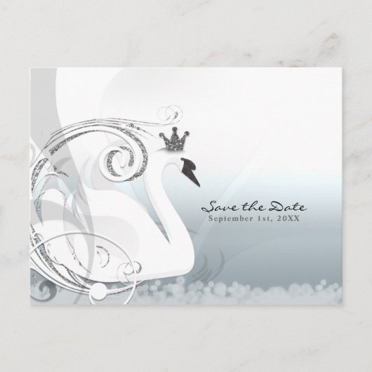 Swan Princess Silver & White Save the Date Ankündigungspostkarte (Vorderseite)