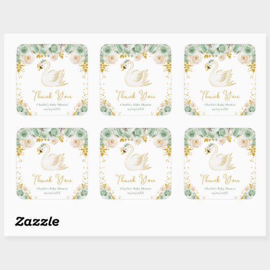Swan Sage Green Gold Rose Kinderdusche Vielen Dank Quadratischer Aufkleber (Blatt)